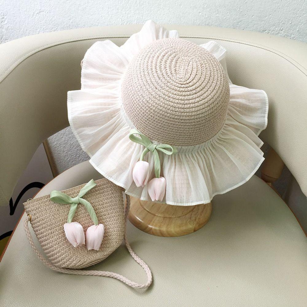 with Same Style Crossbody Bag Tulip Straw Sun Hat Korean Style Lace Brim Beach Cap  Baby