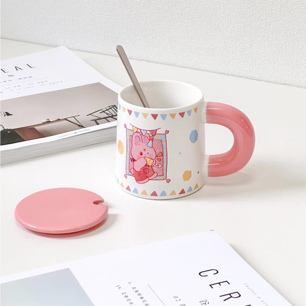 Cartoon-Becher mit Deckel Keramik Haushalts-Trinkbecher Büro Milchbecher Kaffeetasse Weißporzellan kreativ
