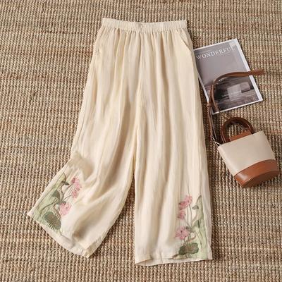 Women's Summer Chinese Style Vintage Embroidery Cotton Linen Wide Leg Pants Female High Waist Loose Straight Trousers Pantalones