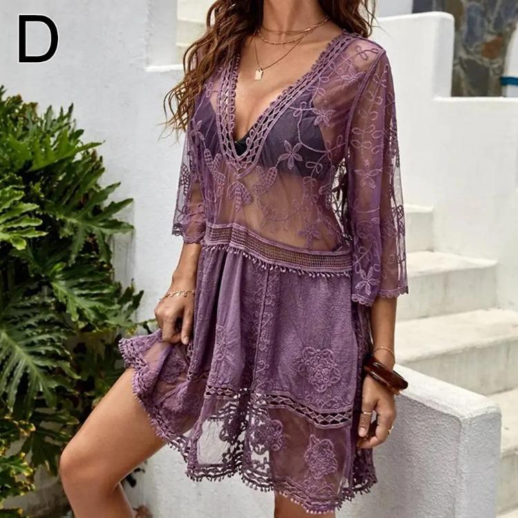 

Сексуальный женский сетчатый купальник-бикини с глубоким V-образным вырезом, летнее пляжное платье с коротким рукавом, кружевная ажурная одежда One Size фиолетовый