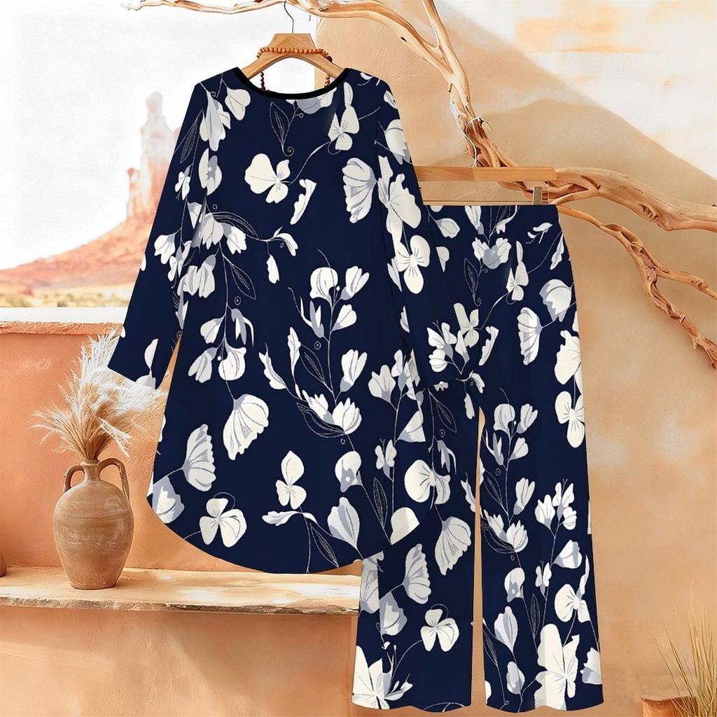 Geometric Pattern Print Two Piece Outfit Women Long Sleeve Irregular Hem Tunic Top Wide Leg Pants Casual Matching Set