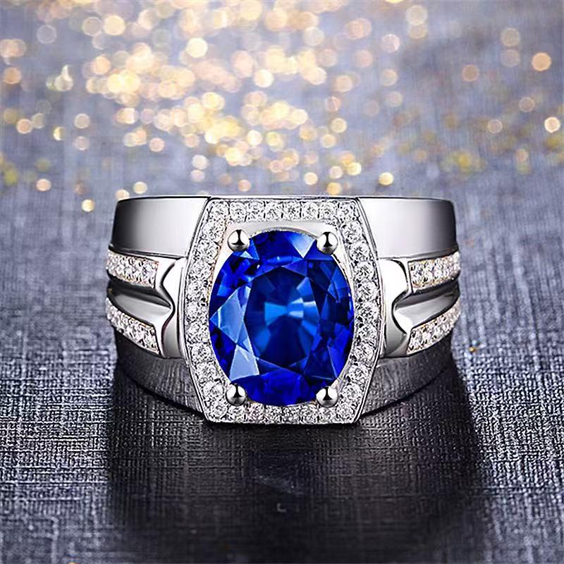 Men's Hot-Selling Blue Diamond Imitation Sapphire Ring In 18K Gold, Adjustable.