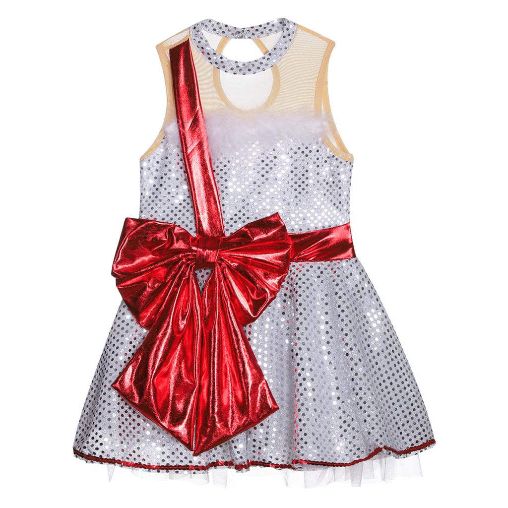 Kids Girls Shiny Sequins Christmas Dance Dress Santa Claus Costumes Ballet Tutu Dress Figure Ice Skating Dress