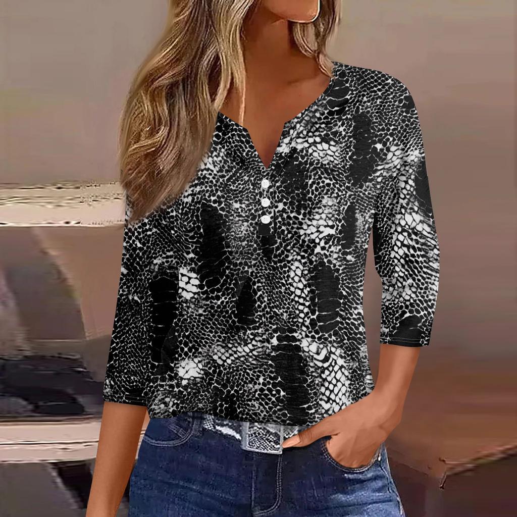 Women's T Shirt Tee Print Button  3/4 SleeveDaily Weekend Fashion Basic V- Neck Regular Top