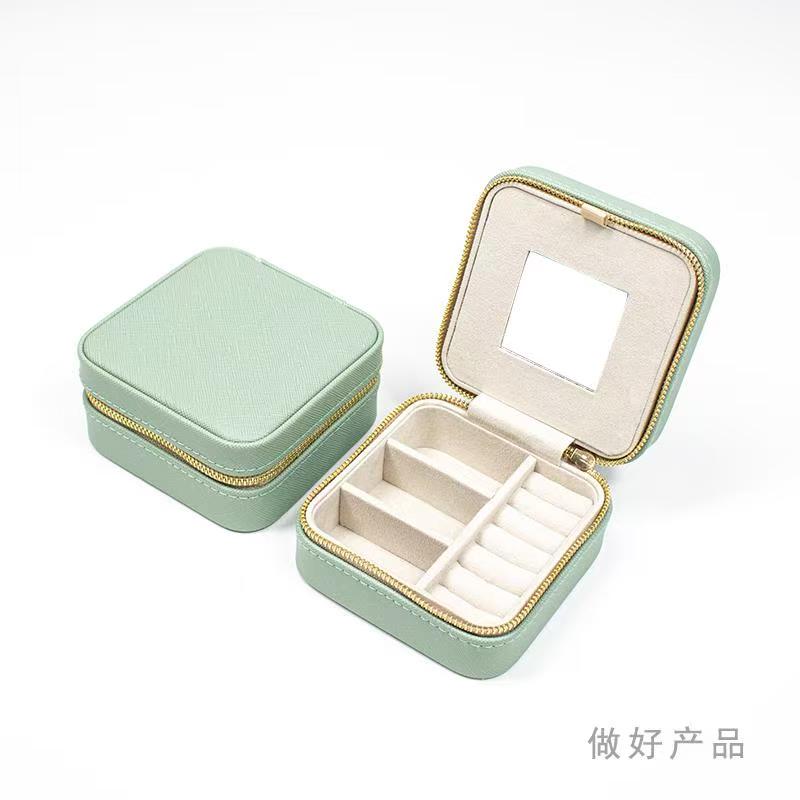 Leather Modern Jewelry Storage Box With Mirror Portable Travel Necklace Earring Ring Small Square Zipper Bag
