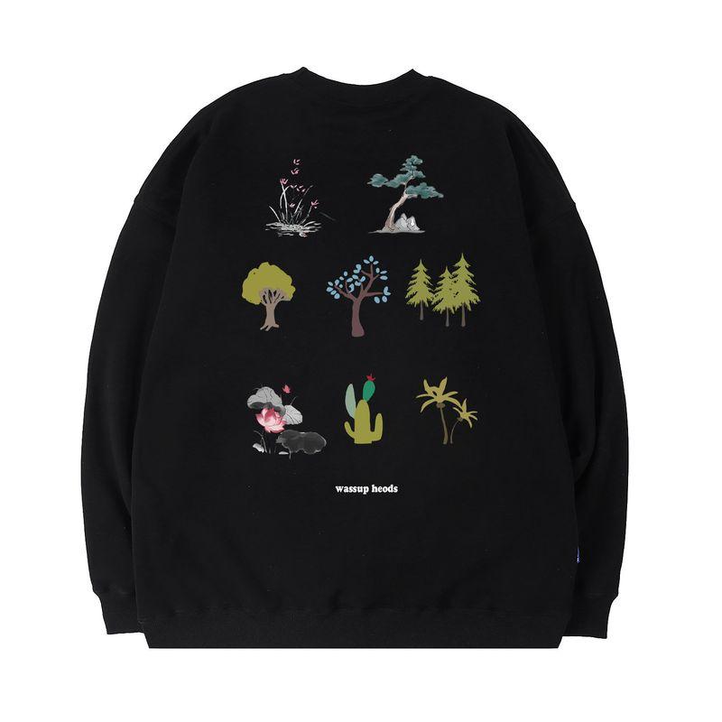 Green Plant Element Heavyweight Crewneck Sweatshirt for Men, Autumn and Winter, National Trendy Brand, Loose Casual American-Style Top for Women