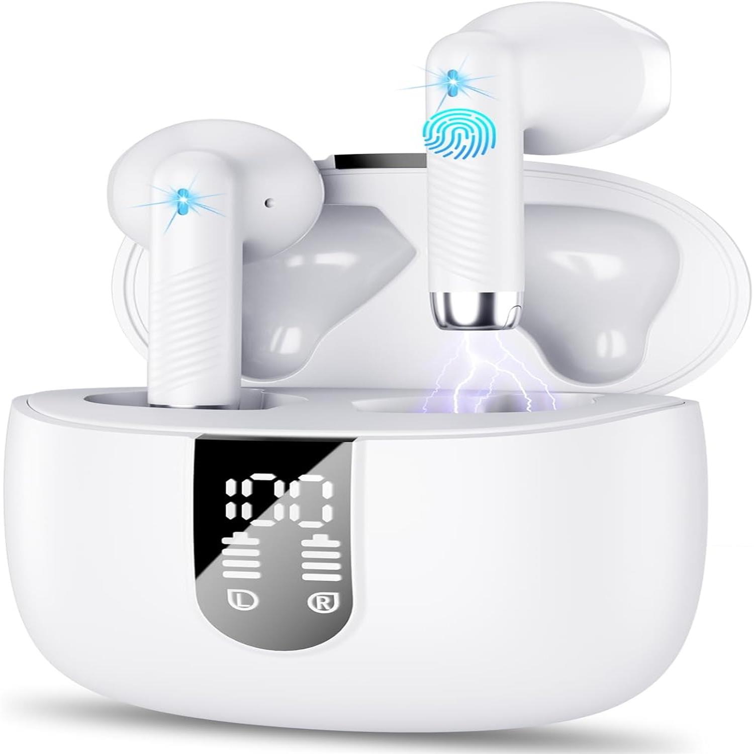 

Беспроводные наушники Bluetooth 5.4 с микрофонами с шумоподавлением ENC 40H Bluetooth-наушники со светодиодным дисплеем IP7 водонепроницаемые наушники для Android iOS белый