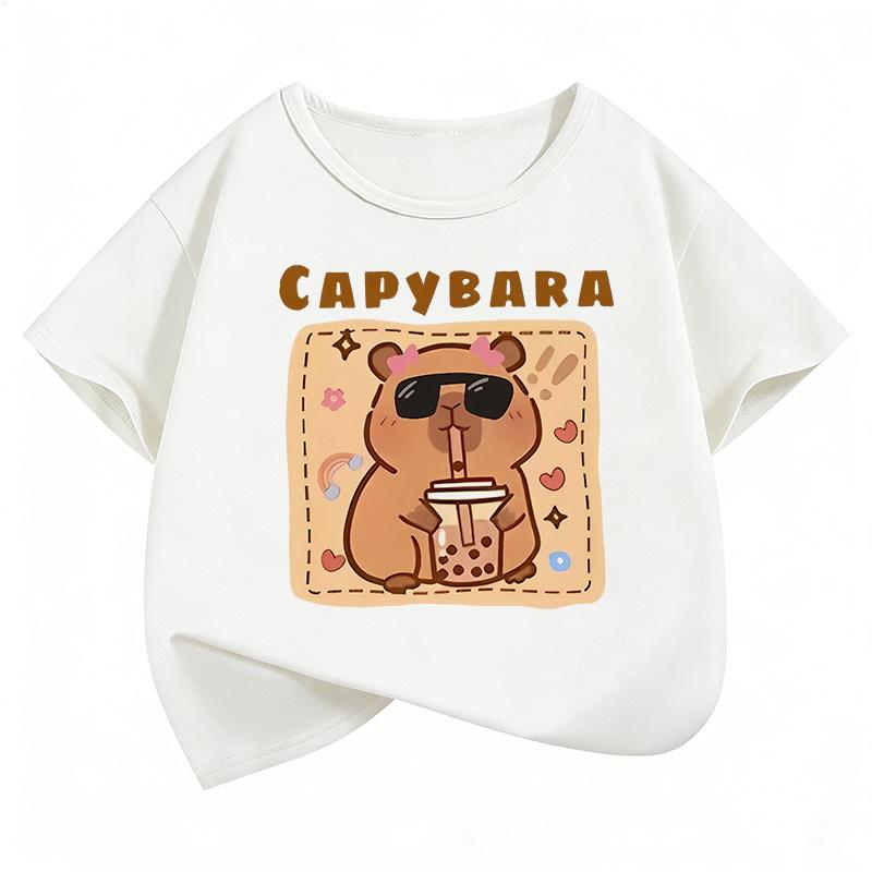 Boys and Girls Summer and Spring Casual Funny Capybara Drinking Juice Design Cartoon Children's T-shirt