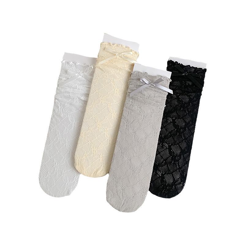 Women's Summer Thin Sweet Bowknot Wooden Ear Edge Mesh Breathable Lace Ballet Wind Drum Pile Socks