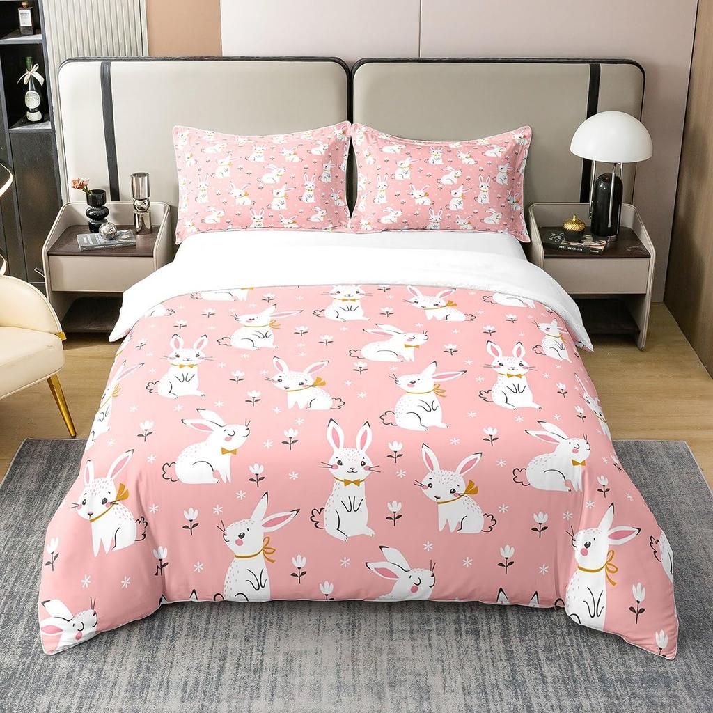 Rabbit Comforter Cover Full,Pink Floral Bedding Sets Girls Women Cute Bunny Duvet Cover Bedroom Decor 3Pcs With 2 Pillow Case
