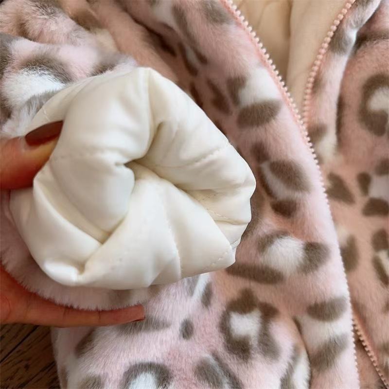 Herbst Winter Baby Mädchen Mantel Kinder Leo-Print und Plüsch Dicke Kapuzenjacke