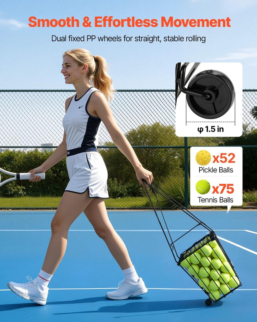 Tennis Ball Hopper, Holds 75 Tennis Balls, Pickleball Basket Cart with Wheels for Easy Pick Up, Portable Pickleball Caddy with Heavy-Duty