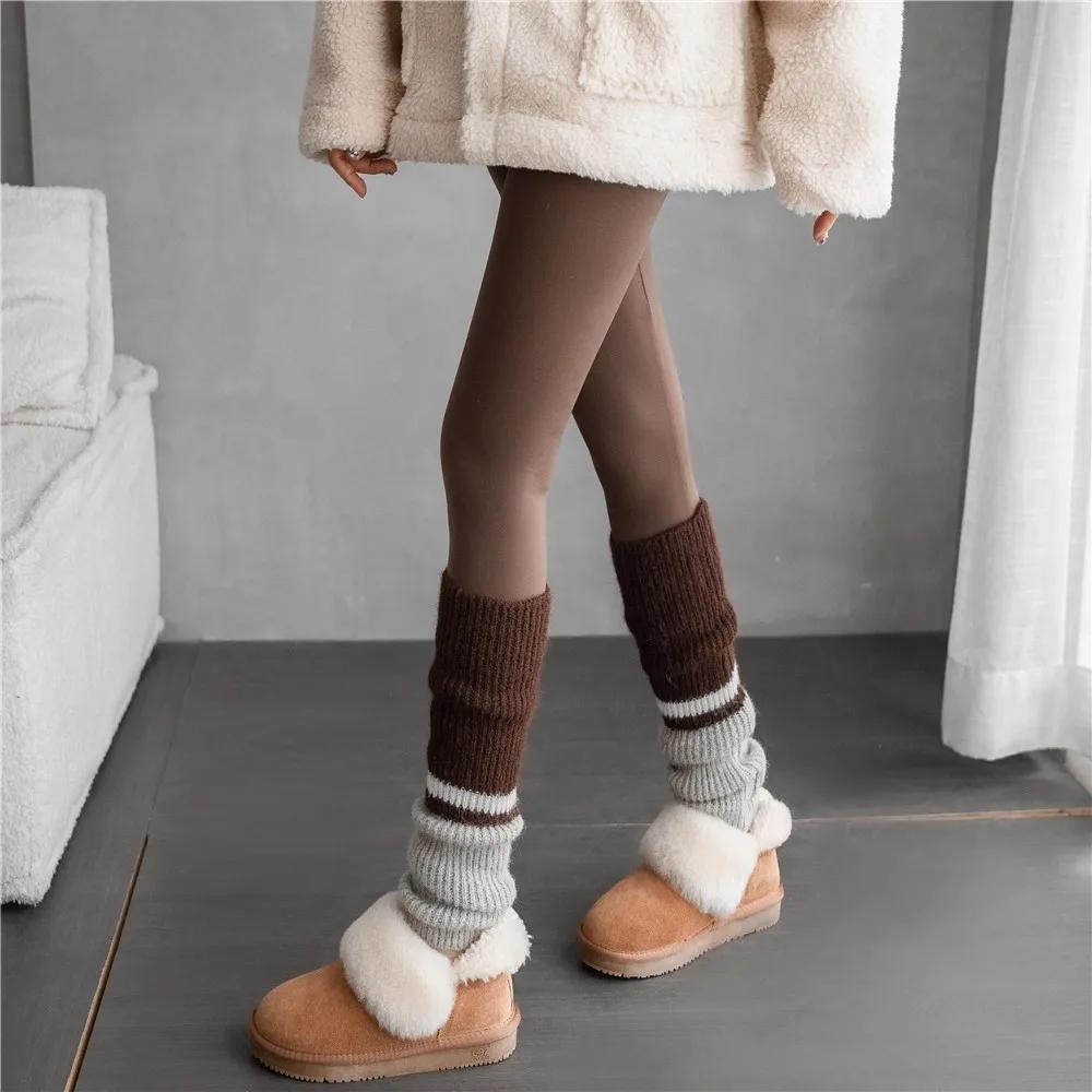 2pairs American Retro Cashmere Color Blocking Long Sock Winter Warm Knitted Leg Warmers for Women Lolita JK Boot Cover Stockings