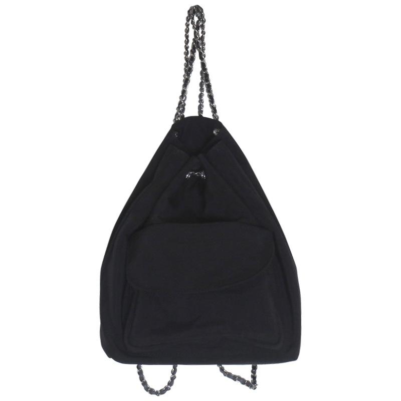 New Simple Silk Cloth Black Chain Bucket Bag Korean Version Drawstring Tie Large Capacity Backpack