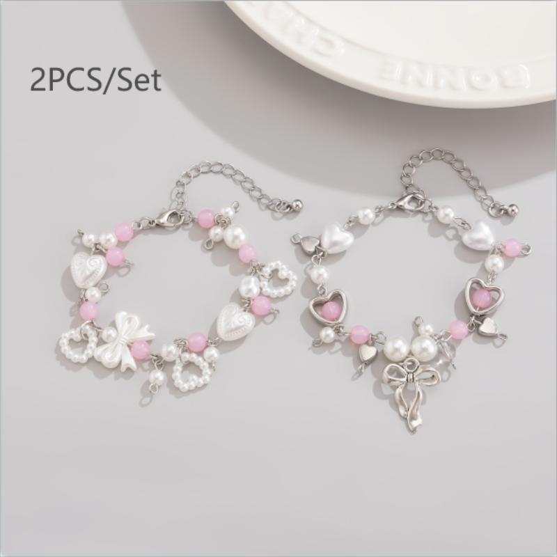 

1/2 Pcs Bow Love Pendant Imitation Pearl Beaded Bracelet Trendy Women Bracelet Girly Sweet Y2K Jewelry Accessories Gifts