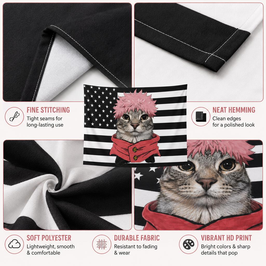 Funnypinkhairyuji I-Itadorianime Cat Tapestry Flat Printblackandwhite Americanflagwallhanging Aesthetic Room Decor For Dorm Gift