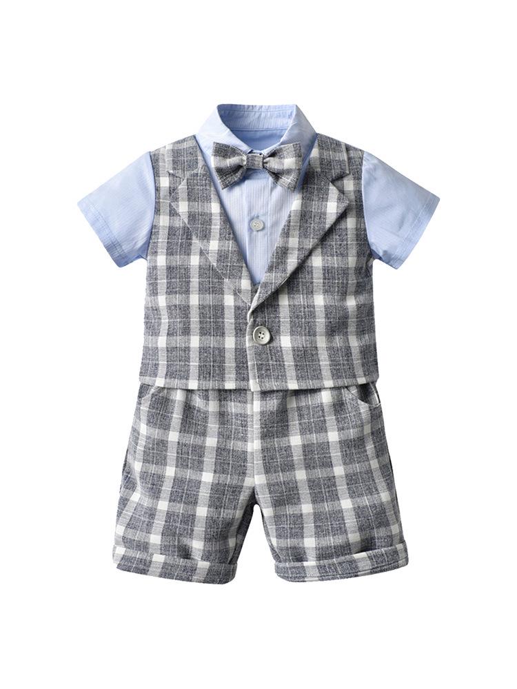 Boys' British Style Plaid Gentleman Two-Piece Short Sleeve Set