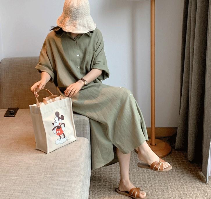 Loose large size cotton and linen shirt skirt women s summer lazy style linen medium and long casual shirt even S армия зеленый