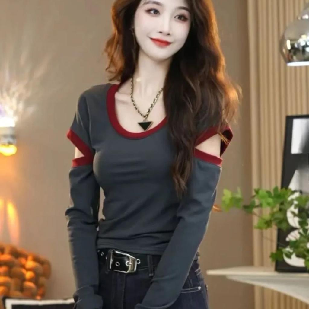 Módny jednofarebný top s výrezmi, okrúhlym výstrihom a dlhým rukávom, slim fit pre ženy
