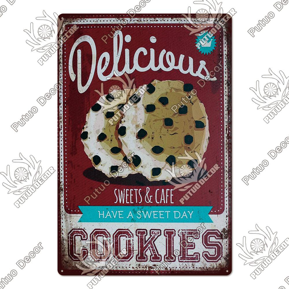 Putuo Decor Donuts Dessert Vintage Plaque Metal Plate Tin Sign Wall Art Decor Retro Poster for Kitchen Cafe Home Iron Painting