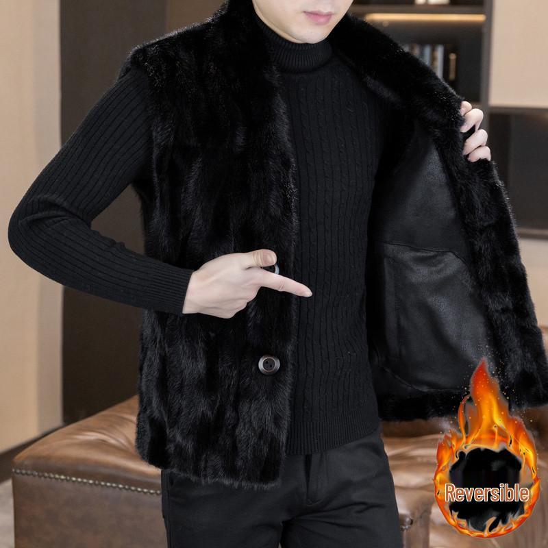 Men's Winter 2025 Faux Leather & Golden Mink Velvet Fur-Integrated Thick Gilet Jacket