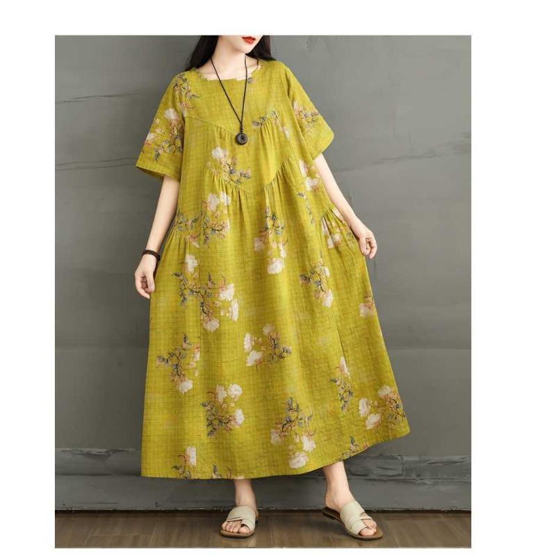 Summer Retro Cotton and Linen Round Neck Short Sleeved Dress, Women's Loose Skirt