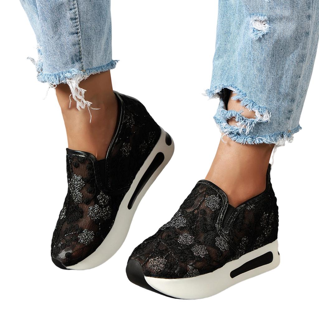 Lace Floral Embroidered Slip On Platform Wedge Shoes Lightweight Breathable Mesh Upper Casual Walking Sneakers for Women