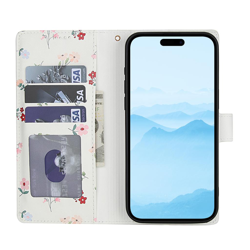 For iPhone 16 Pro Max Wallet Case Rhombic Floral Design Leather Flip Phone Cover with Strap