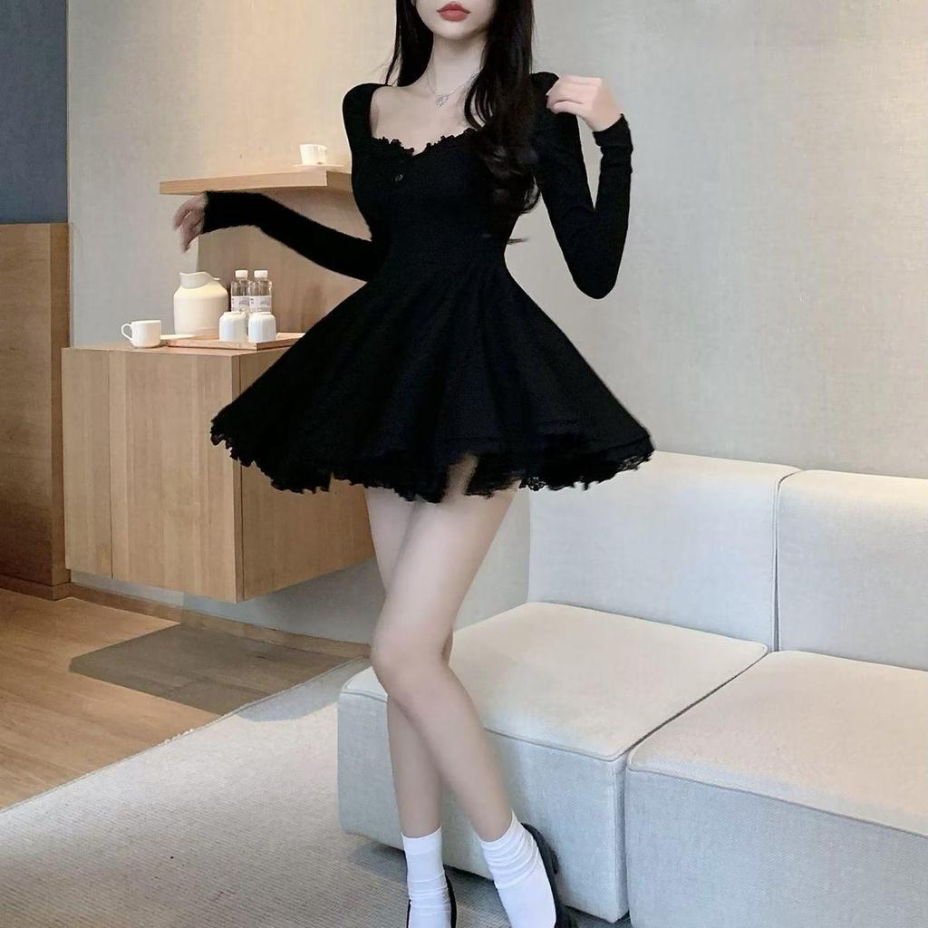 Abito sexy in pizzo nero da donna aderente avvolgente slim party mini abiti corti abiti da sera a maniche lunghe