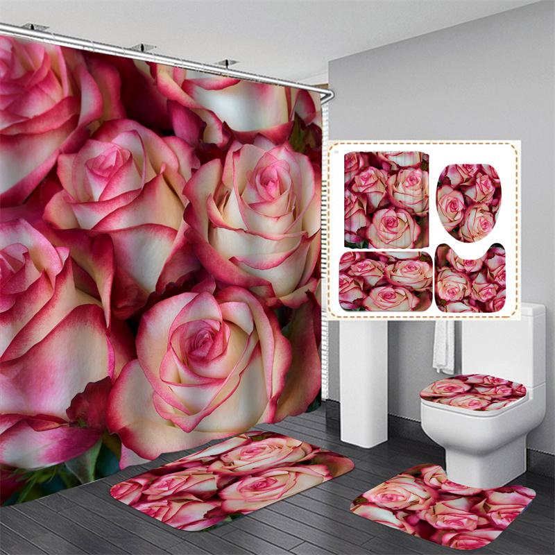 Valentine's Day Bathroom Bathing Waterproof Shower Curtain Home Entrance Doormat Bathtub 4Pcs Set Toilet Seat Cover Rugs Bath Non-Slip Floor Mat Love