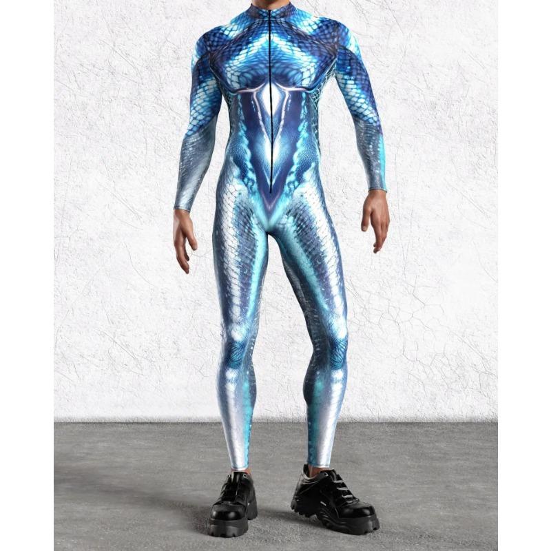 Halloween Men Mermaid Cosplay Jumpsuit Fish Scale Cyber Armor Bodysuit Steampunk Zentai Suit Carnival Party Show Cycling Catsuit