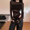 Black Mesh Bottoming Shirt, Long-sleeved T-shirt, Chic and Unique, Tight-fitting European and American Perspective Babes, Sexy Onesie Top Women