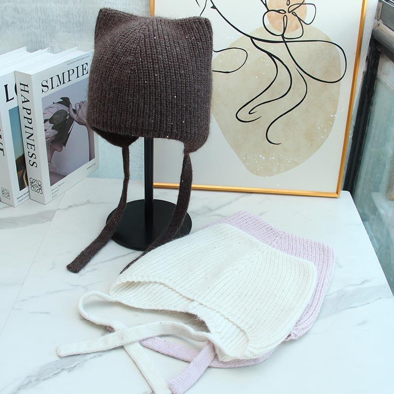 New High-quality Cute Ear Protection and Warm Cat Ears Rabbit Hair Knitted Hat Autumn and Winter Fashion Balaclava Women's Tide