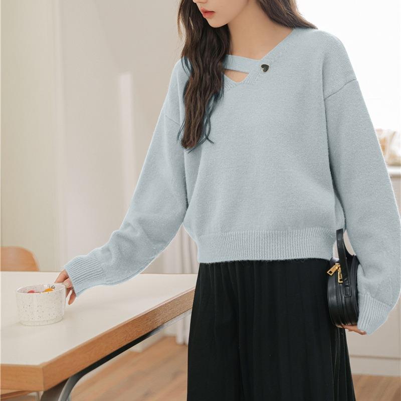 Lazy Knitted Sweater Women's Autumn and Winter New Fresh Design Sense Love Diagonal Buckle V-neck Knitted Sweater Top Women