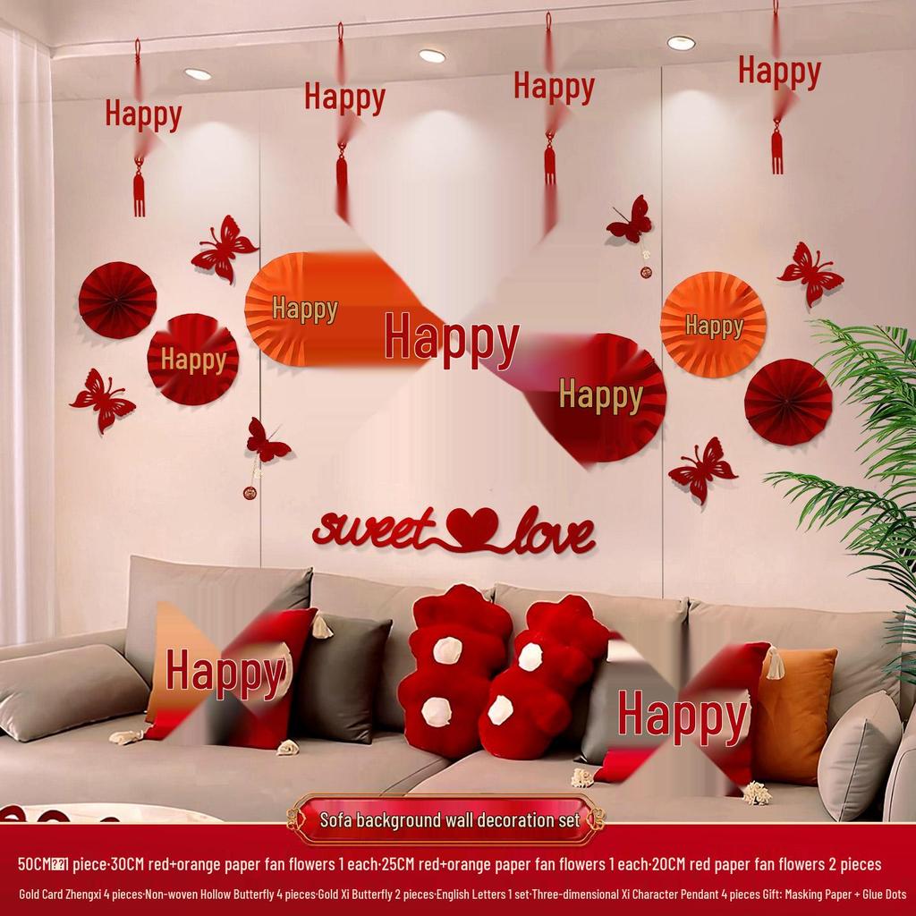 Double Happiness Flower Decoration Set for Wedding Room and Living Room Sofa Background.
