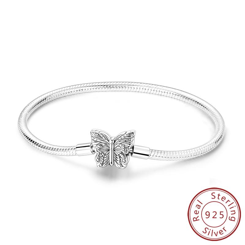 Original 925 Silver Bracelets 17-20CM Love Heart Flowers Butterfly Charms Beads Bracelet For Women Fashion Jewelry Gift
