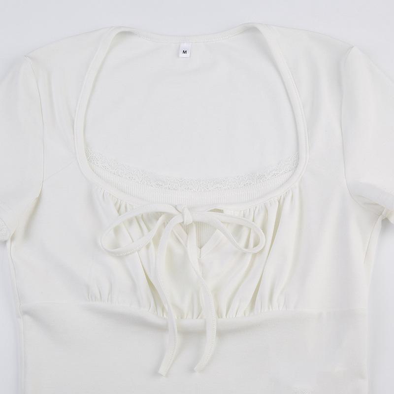 2024 Summer Sweet Lace Spliced White T-shirt Women Square Neck Short Sleeve Tshirts Woman Slim Fit Elegant Vintage Lady T Shirt 24279