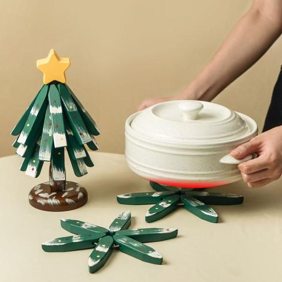 Christmas Tree Trivet for Hot Dishes Solid Wood Heat Resistant Pot Holder Folding Festive Table
