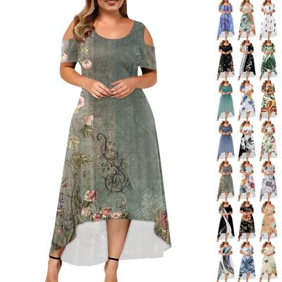 Kadın Büyük Boy Kısa Kollu Moda Baskı Yuvarlak Yaka Straplez Düzensiz Etek Elbise