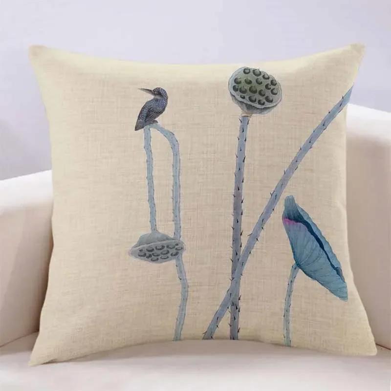 New Lotus Cushion Cover Printed Linen Pillow Cover Chinese Style Home Pillow Cushion Cover Sofa Living Room Beige