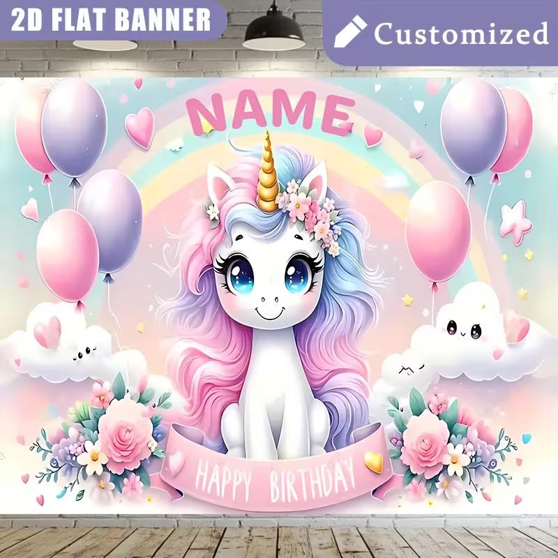2D Pastel Unicorn Birthday Backdrop, Customizable Kids Party Background