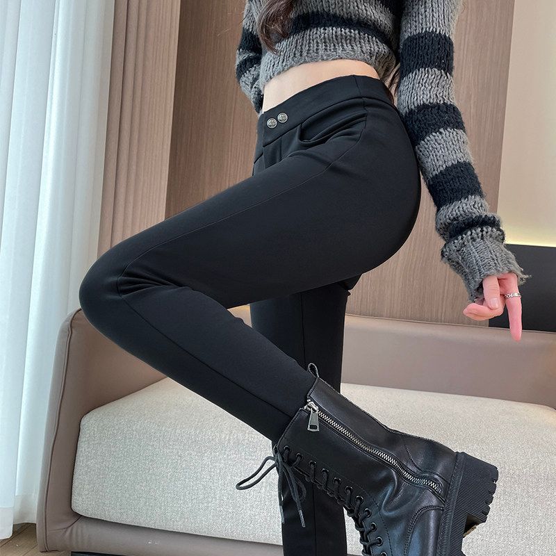 100kg Fleece-Lined Thick Black Leggings for Outerwear, Black Pencil Pants, Slimming High-Waisted Magic Pants, Trendy Skinny Pants