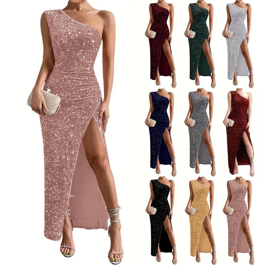 Women's Fashion Sexy Sequin Single Shoulder Sleeveless Split Solided Color Dress