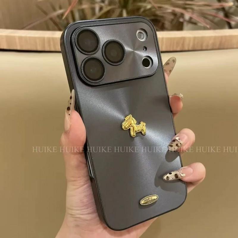 Full Coverage Silicone Phone Case With 3D Golden Horse Aurora Glitter IPhone 17 Pro Max 16 15 14 Series