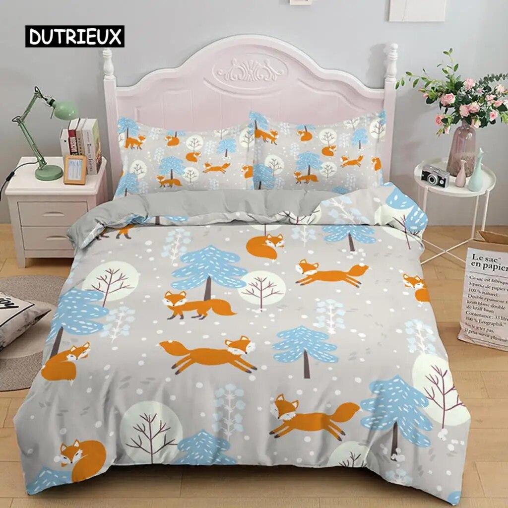 Cartoon Fox King Queen Duvet Cover Lovely Orange Animal Floral Bedding Set Kids Girls Flowers Plant 2/3pcs Polyester Quilt Cover Three Piece Set