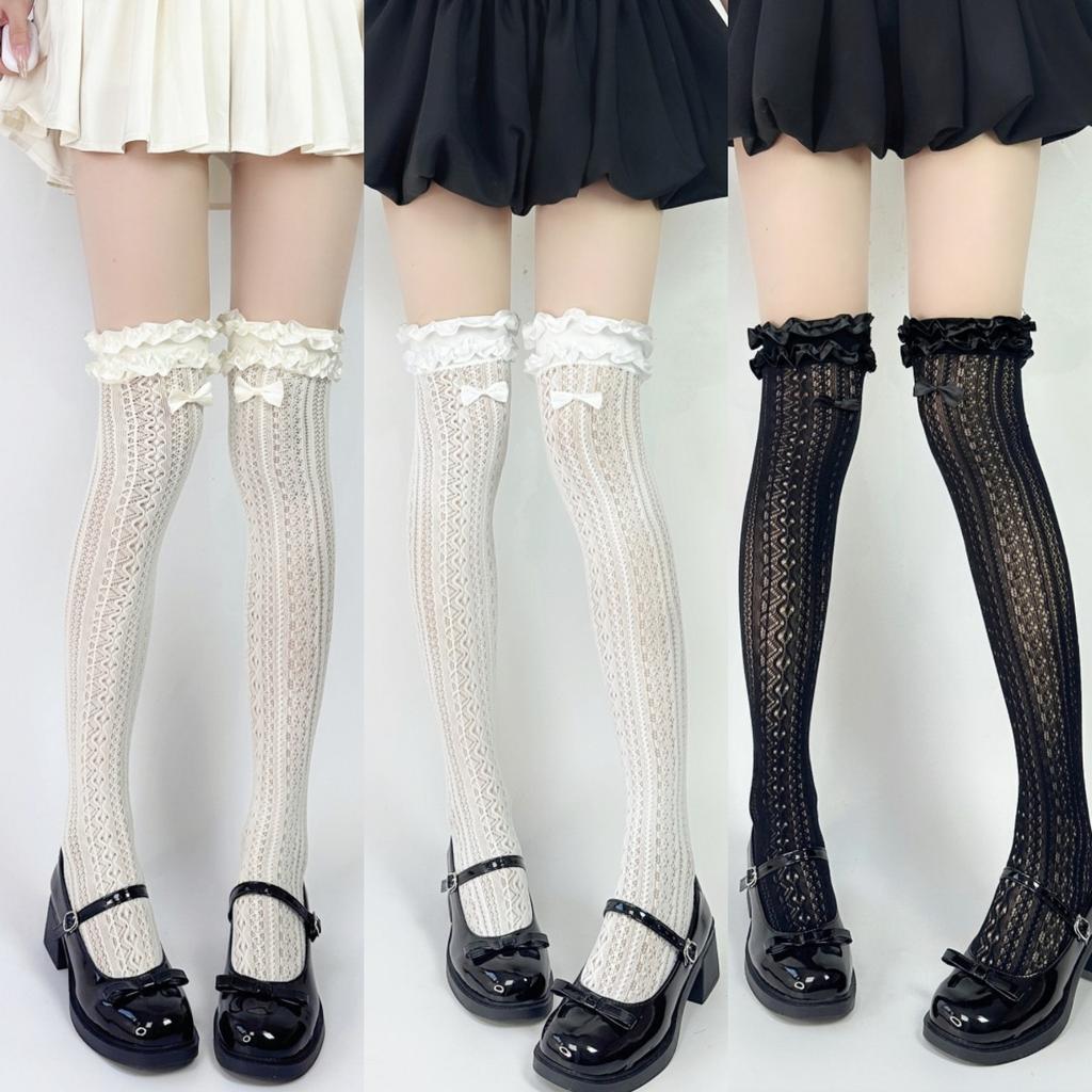 Retro Lolita Lace Bow Over-the-Knee Socks Hollow Lace Mary Jane Sweet Mid-Calf Socks Summer Thin Short Socks