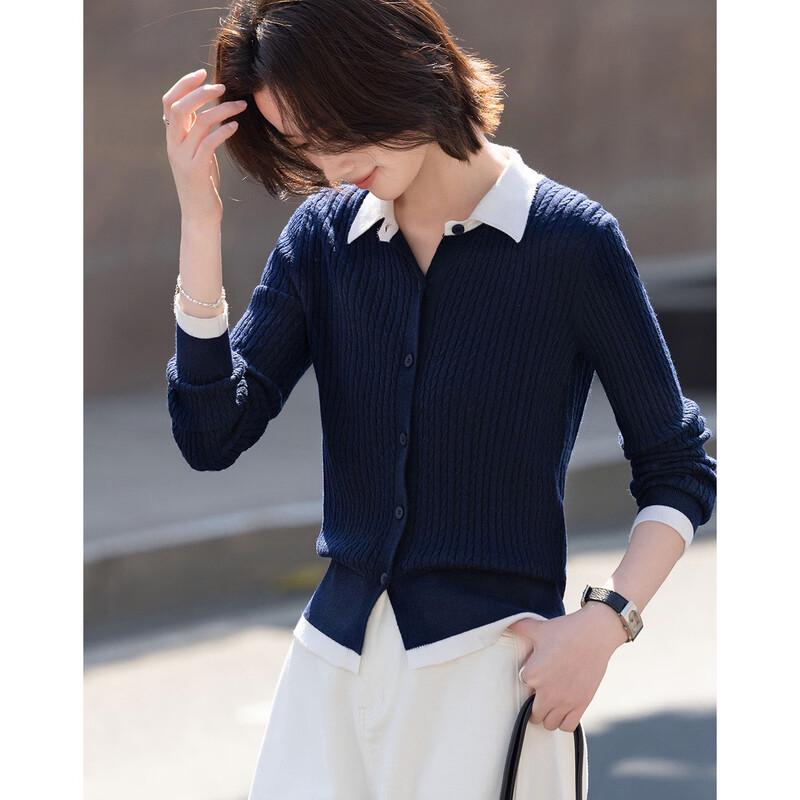 Women's Contrast Lapel Wool Blend Twist Knit Cardigan