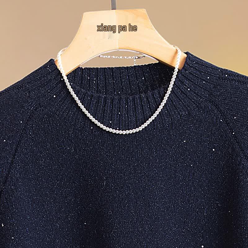 Women's Loose Sequin Round Neck Lamb Wool Blend Sweater
