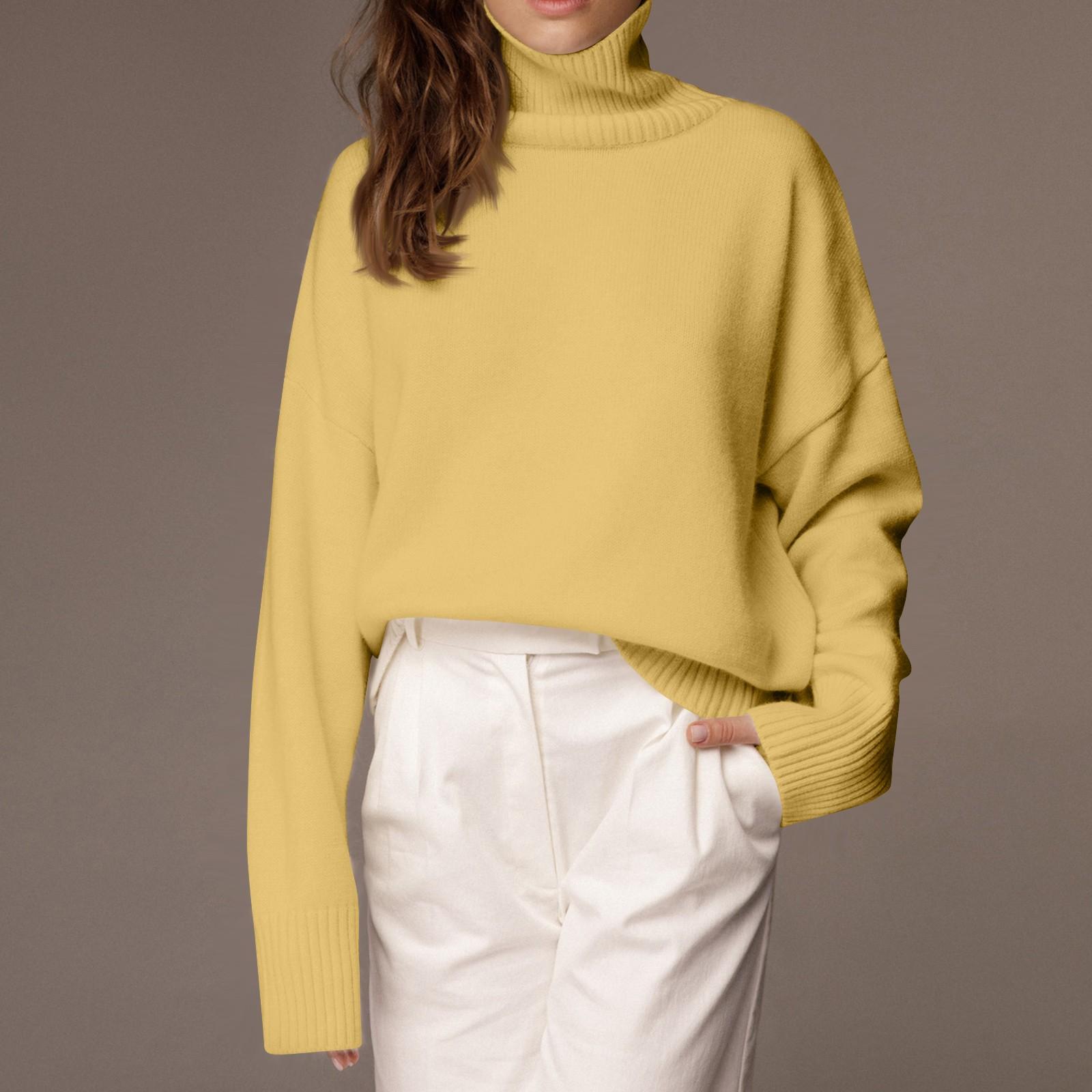 

Women s Fashion Loose High Neck Long Sleeve Knit Personality Solid Color Casual Sweater S жовтий