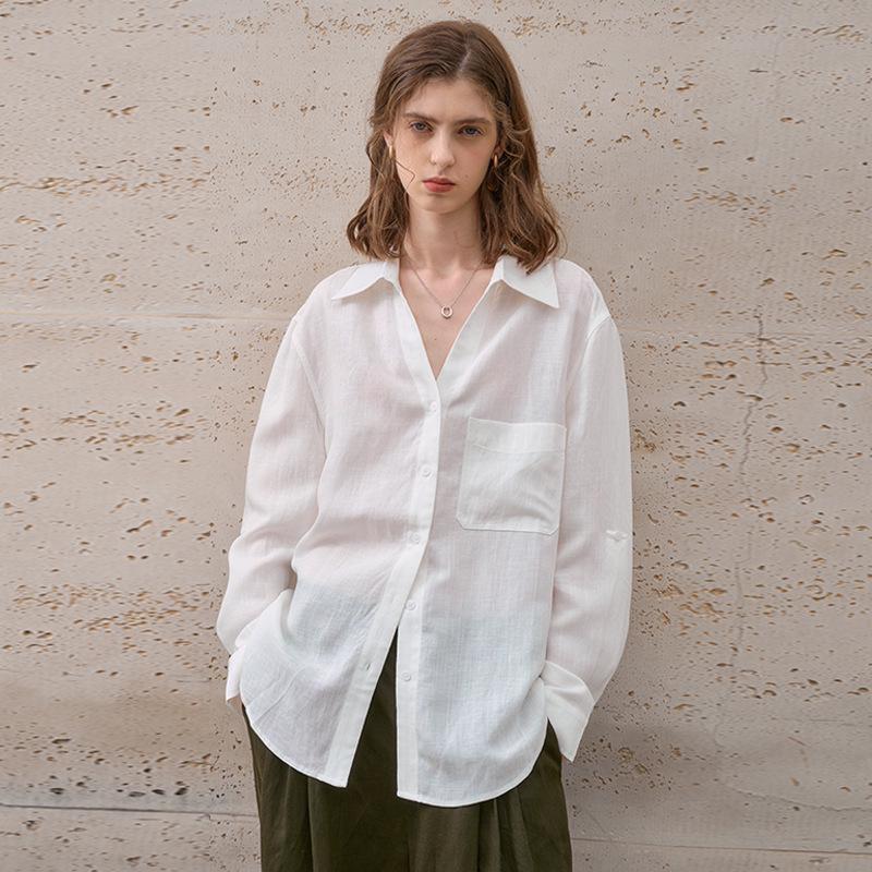 

Женский легкий кардиган-рубашка с длинным рукавом из чистого льна - Минималистичный, однотонный, свободного кроя, летний стиль с лацканами Medium